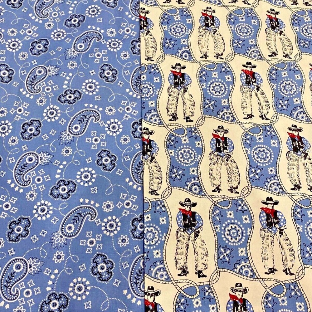 1+1 YD Cowboy Bandana Cotton Fabric Western 2004 Blank Textiles Blue White Quilt